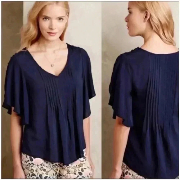 Anthropologie Maeve Maya Flutter Sleeve Navy Pintuck Blouse size 4 H33 - Picture 1 of 9